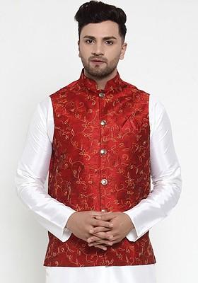 Maroon Embroidered Poly Blend Nehru Jacket For Men