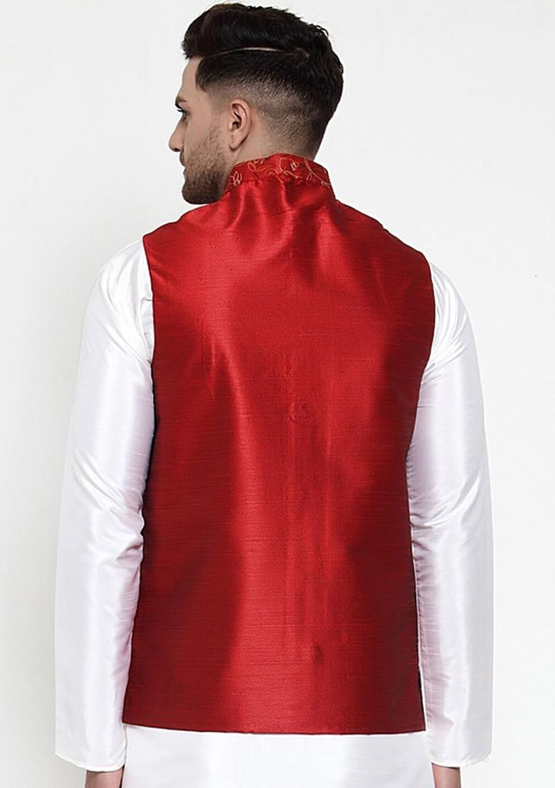 Maroon Embroidered Poly Blend Nehru Jacket For Men