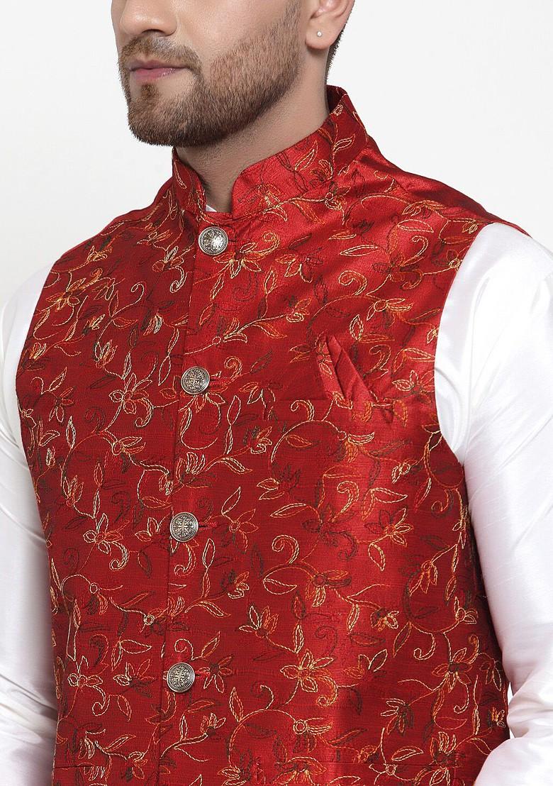 Maroon Embroidered Poly Blend Nehru Jacket For Men