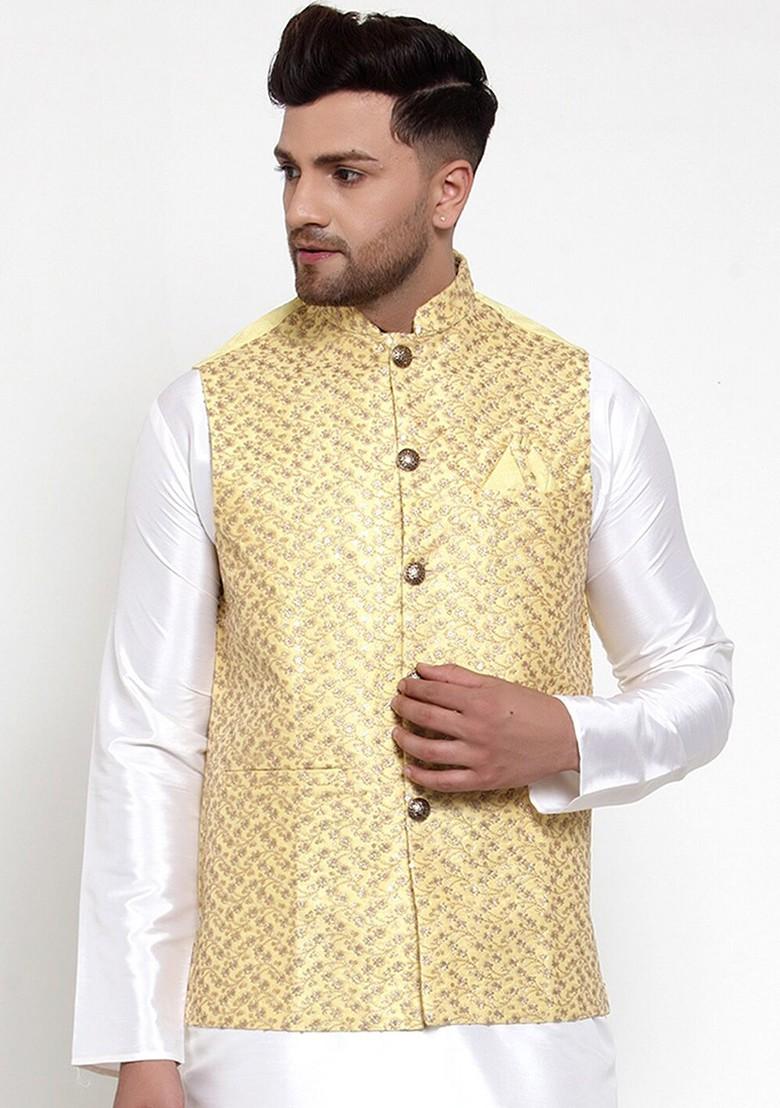 Yellow Embroidered Poly Blend Nehru Jacket For Men