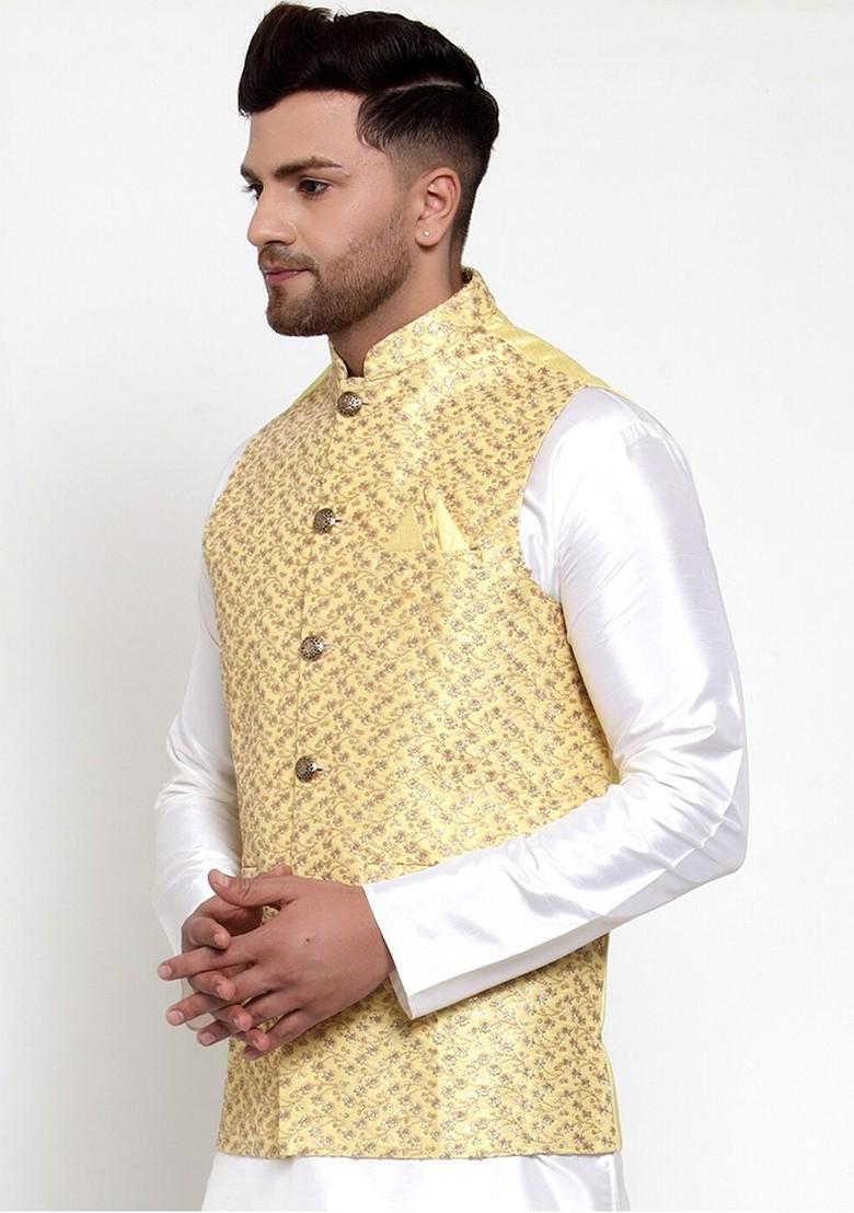 Yellow Embroidered Poly Blend Nehru Jacket For Men