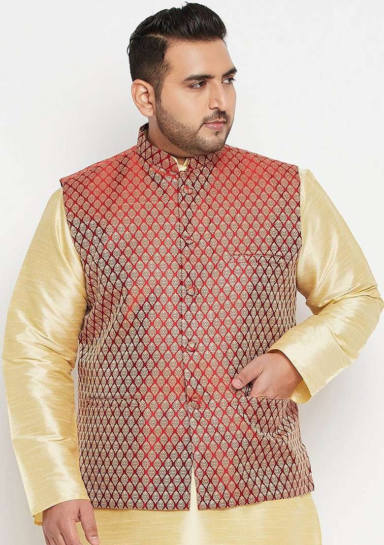 Maroon Solid Silk Blend Nehru Jacket For Men - Indya