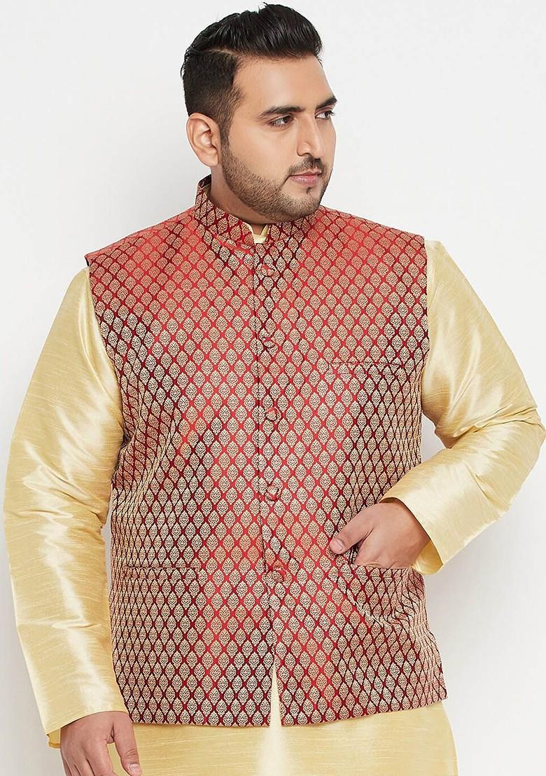 Maroon Solid Silk Nehru Jacket For Men