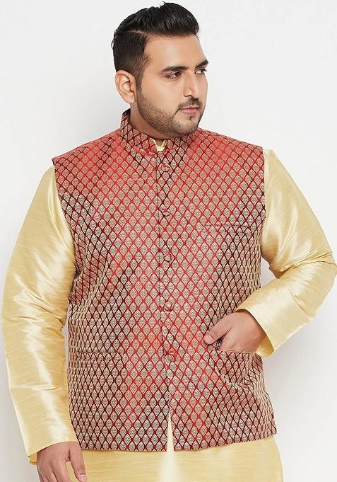 Maroon Solid Silk Nehru Jacket For Men — view on Indya