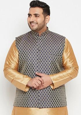 Navy Blue Woven Poly Blend Nehru Jacket For Men