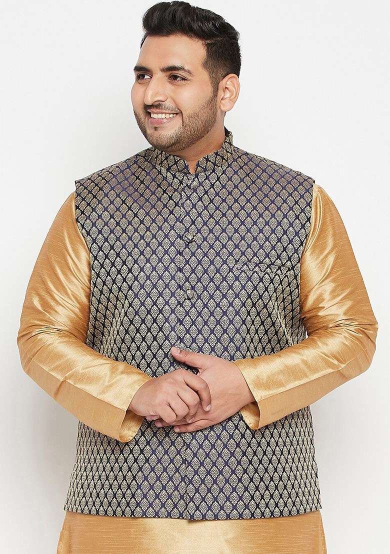 Navy Blue Woven Poly Blend Nehru Jacket For Men - Indya