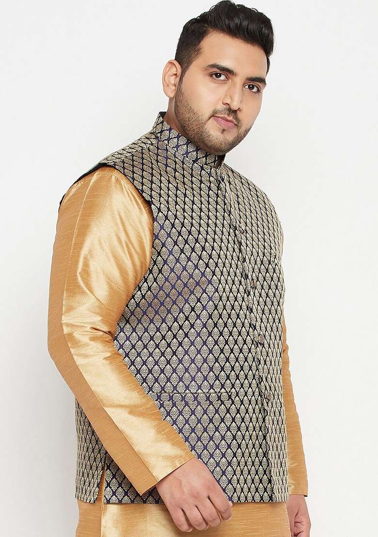 Navy Blue Woven Poly Blend Nehru Jacket For Men - Indya