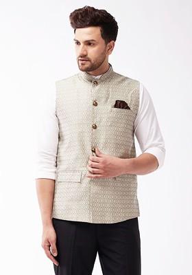 Grey Woven Poly Blend Nehru Jacket For Men