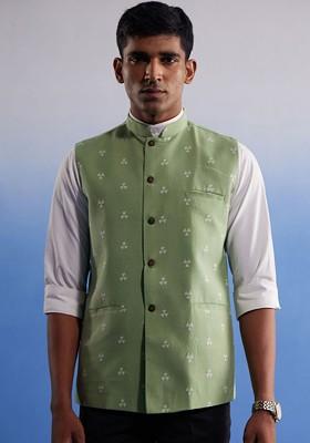 Green Printed Cotton Nehru Jacket For Men