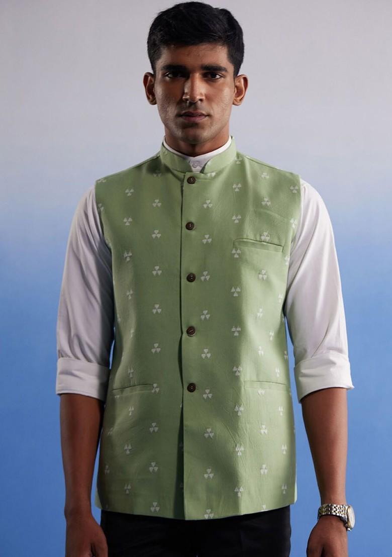 Green Printed Cotton Nehru Jacket For Men