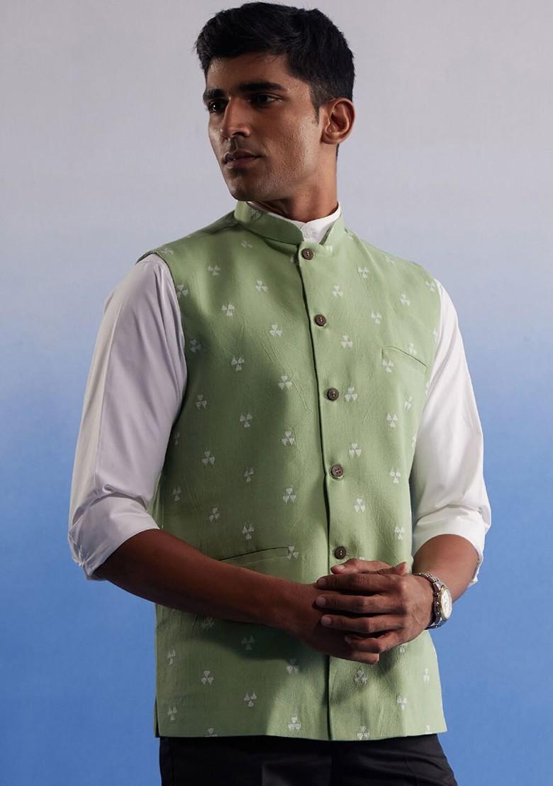 Green Printed Cotton Nehru Jacket For Men