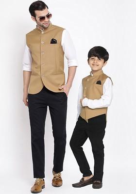 Camel Brown Solid Poly Blend Nehru Jacket For Men