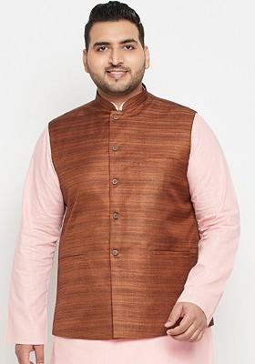 Coffee Brown Woven Poly Blend Nehru Jacket For Men