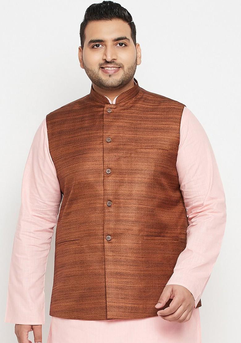 Coffee Brown Woven Poly Blend Nehru Jacket For Men