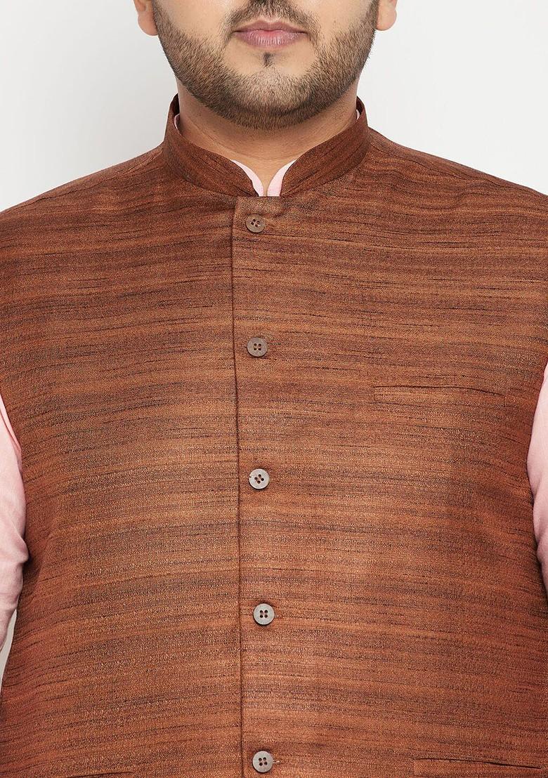 Coffee Brown Woven Poly Blend Nehru Jacket For Men