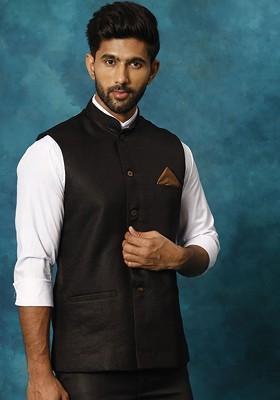 Black Woven Cotton Nehru Jacket For Men