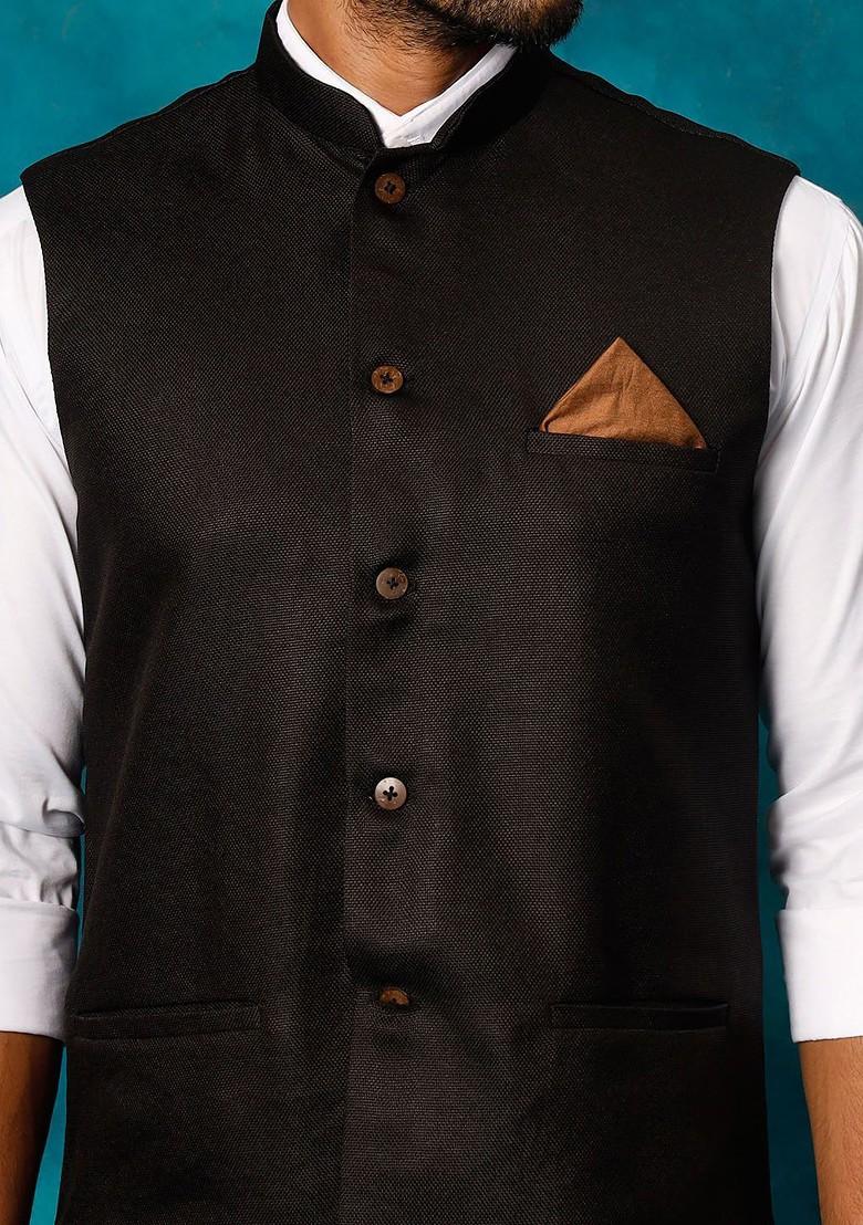 Black Woven Cotton Nehru Jacket For Men