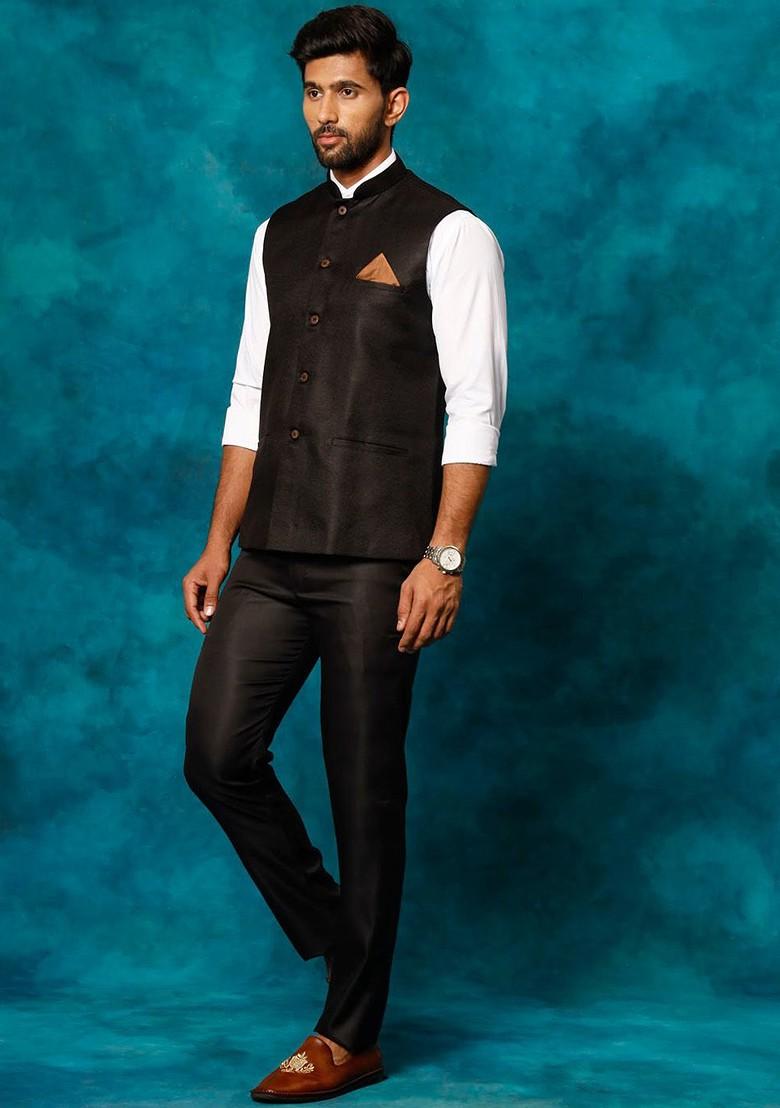 Black Woven Cotton Nehru Jacket For Men