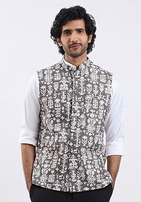 Green Printed Poly Blend Nehru Jacket For Men
