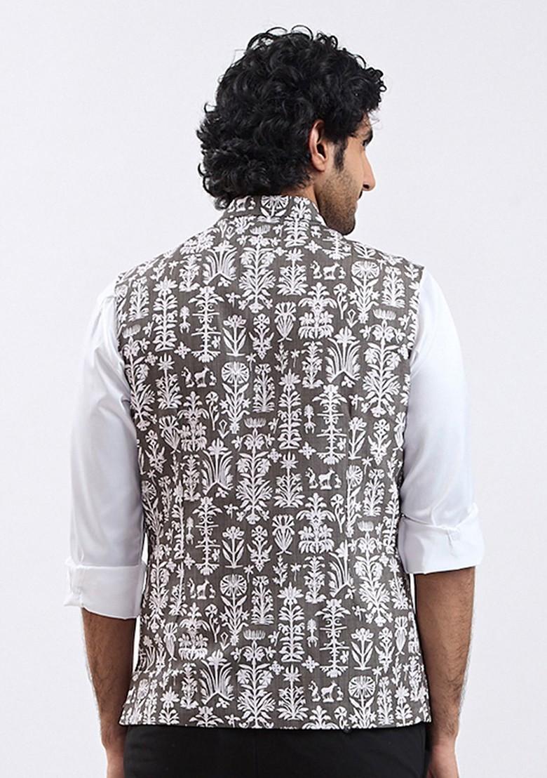 Green Printed Poly Blend Nehru Jacket For Men