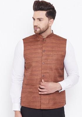 Coffee Brown Woven Poly Blend Nehru Jacket For Men