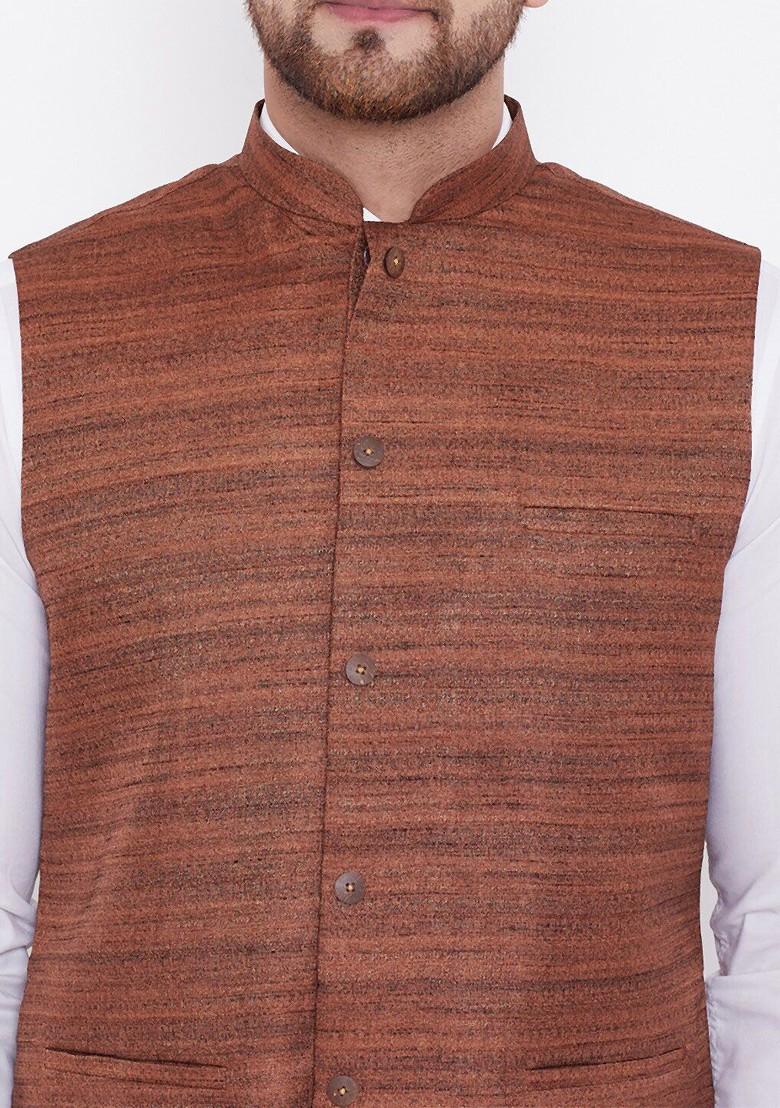 Coffee Brown Woven Poly Blend Nehru Jacket For Men