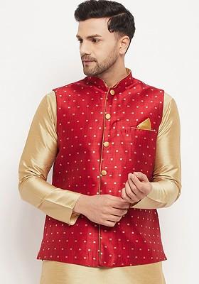 Maroon Woven Poly Blend Nehru Jacket For Men