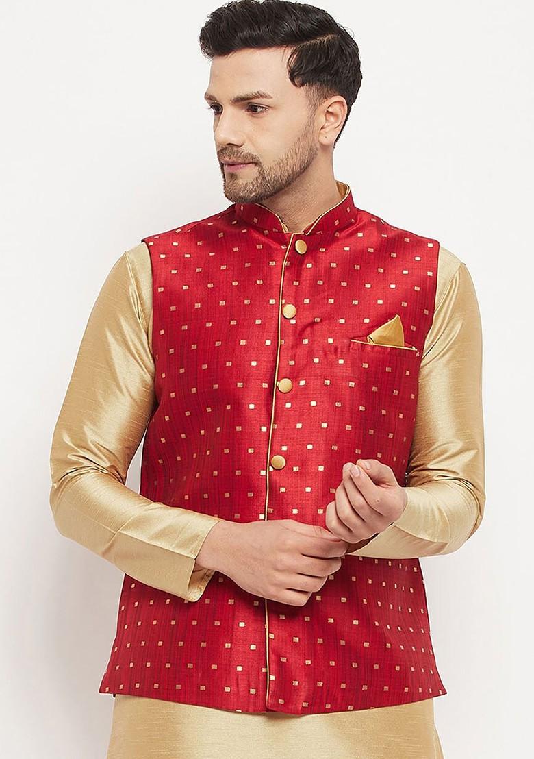 Maroon Woven Poly Blend Nehru Jacket For Men