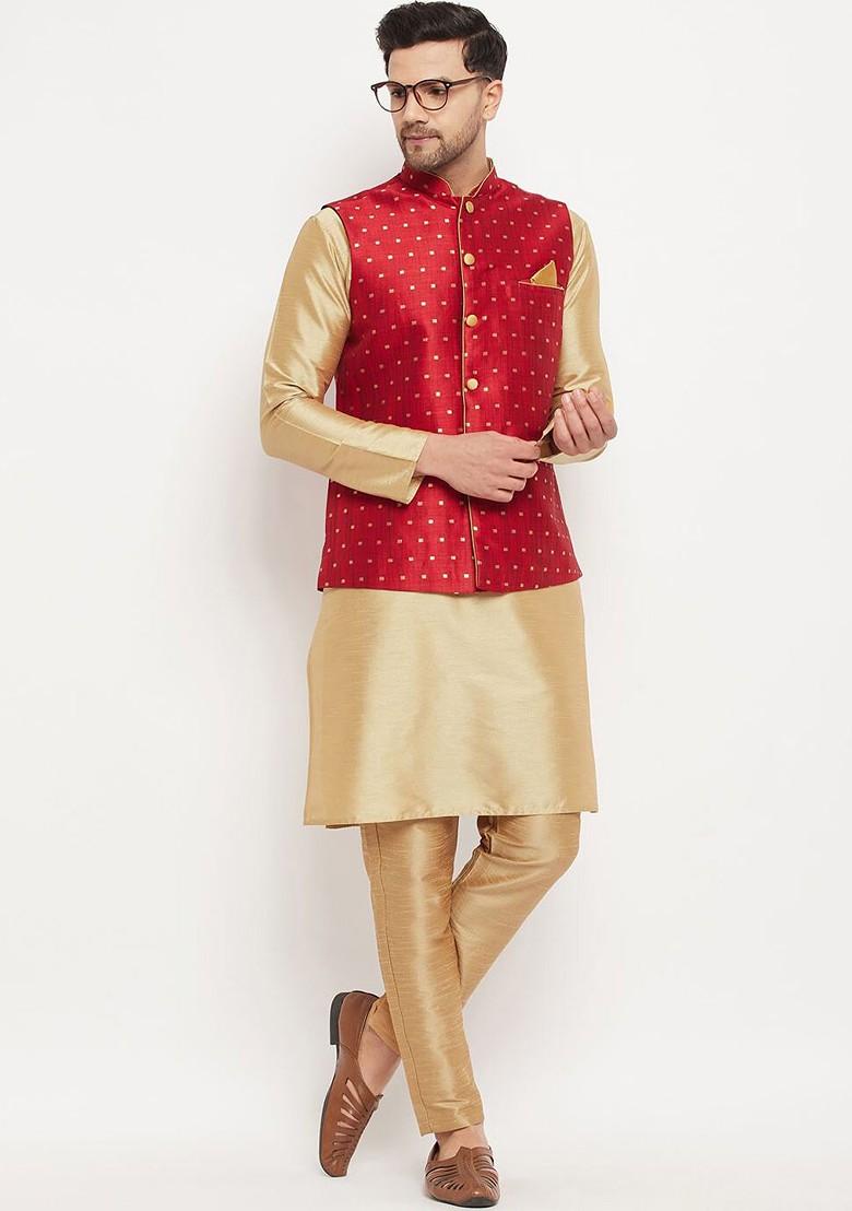 Maroon Woven Poly Blend Nehru Jacket For Men