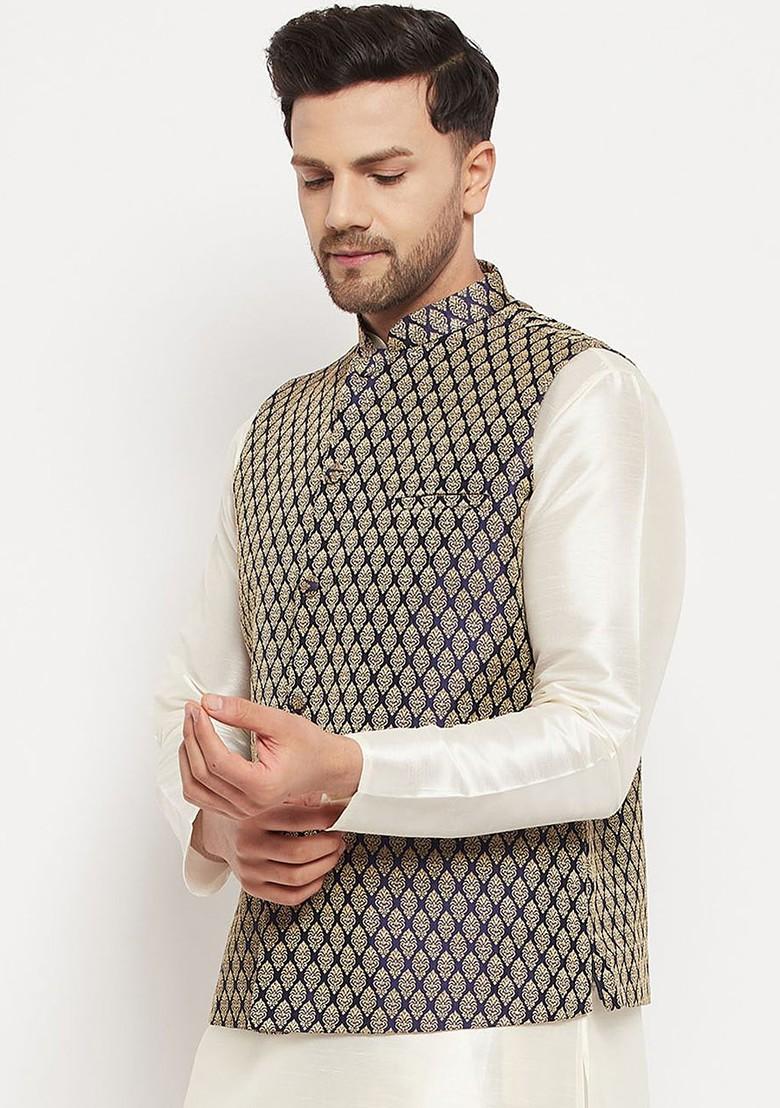 Blue Woven Poly Blend Nehru Jacket For Men