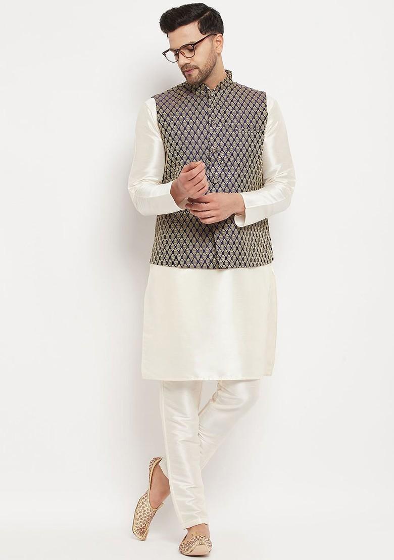 Blue Woven Poly Blend Nehru Jacket For Men