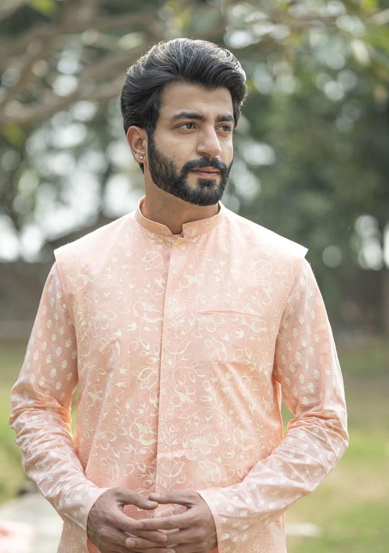 Peach Printed Cotton Nehru Jacket For Men