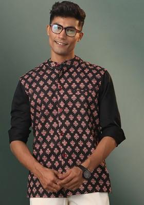 Black Printed Cotton Nehru Jacket For Men
