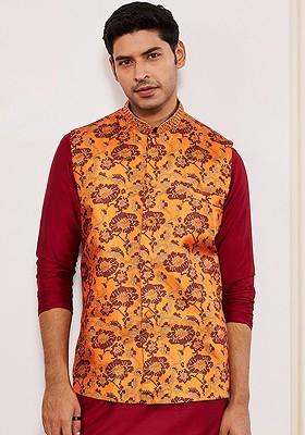 Rust Printed Poly Blend Nehru Jacket For Men