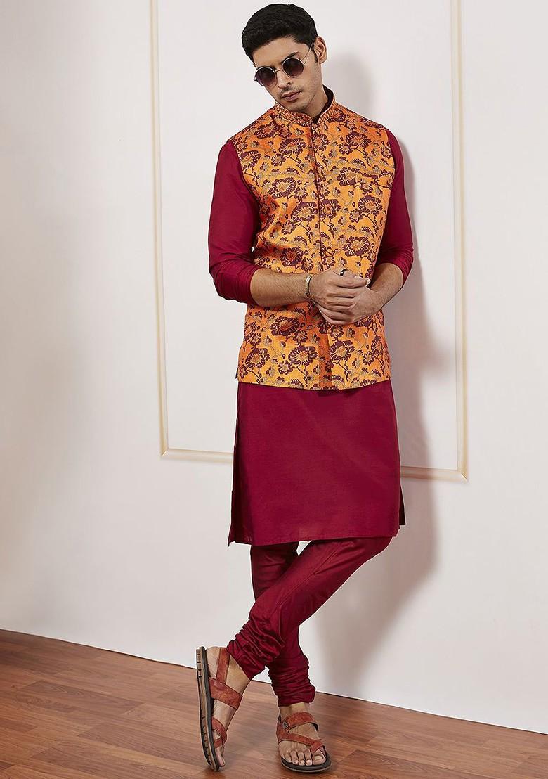 Rust Printed Poly Blend Nehru Jacket For Men