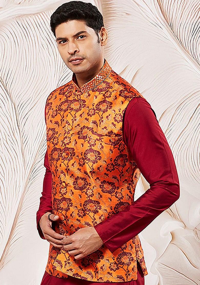 Rust Printed Poly Blend Nehru Jacket For Men