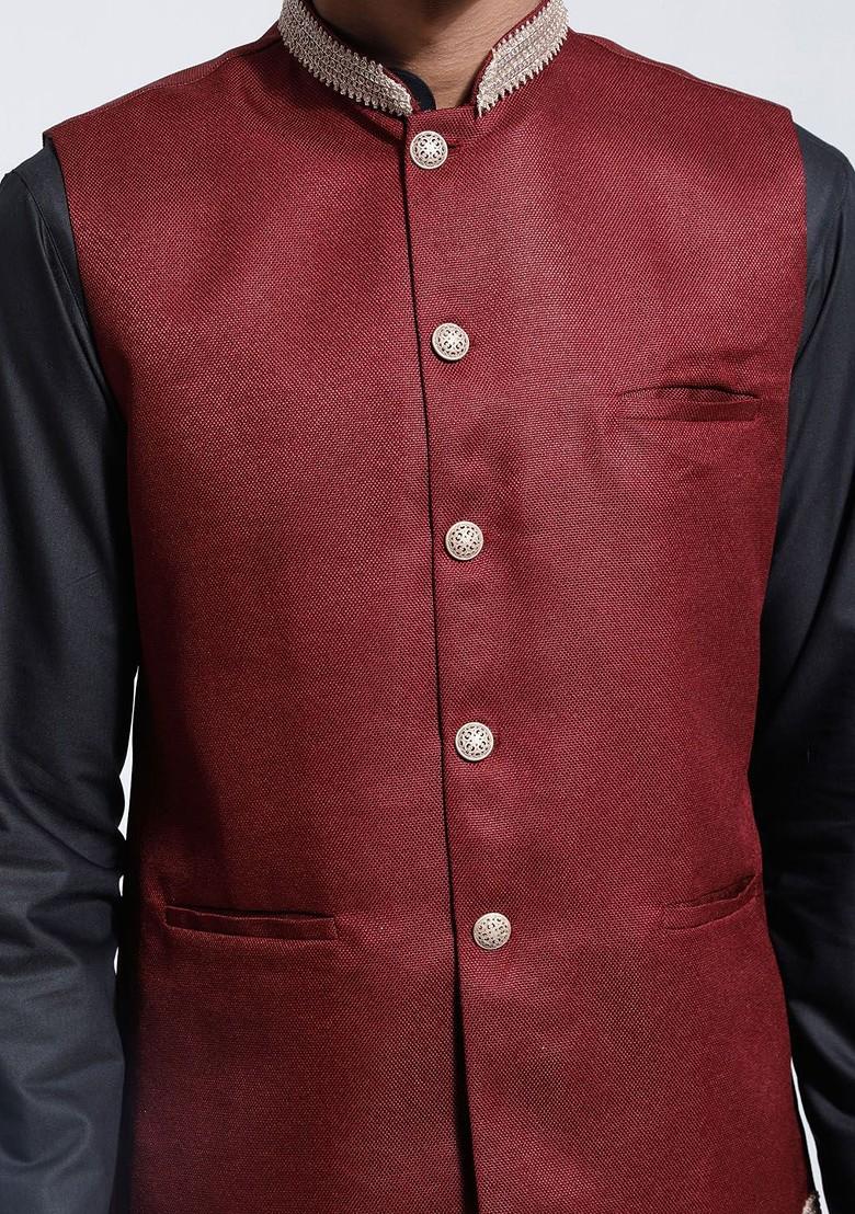 Maroon Woven Poly Blend Nehru Jacket For Men