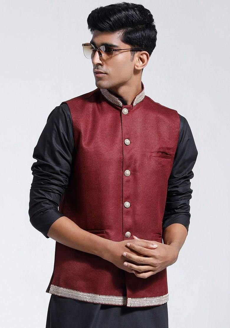 Maroon Woven Poly Blend Nehru Jacket For Men