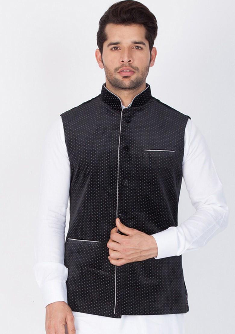 Black Printed Poly Blend Nehru Jacket For Men