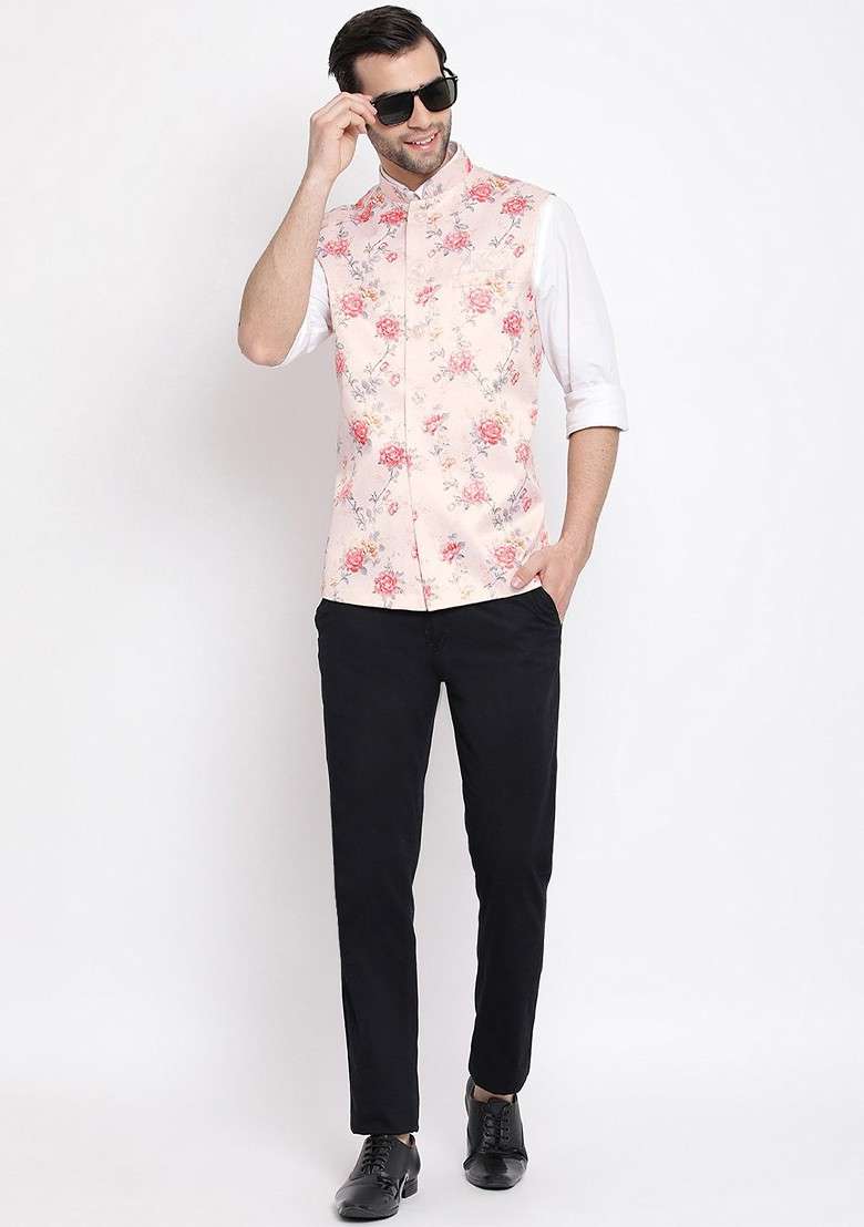 Peach Printed Poly Blend Nehru Jacket For Men - Indya