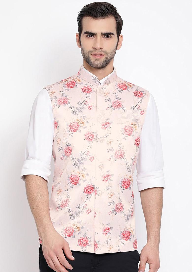 Peach Printed Poly Blend Nehru Jacket For Men