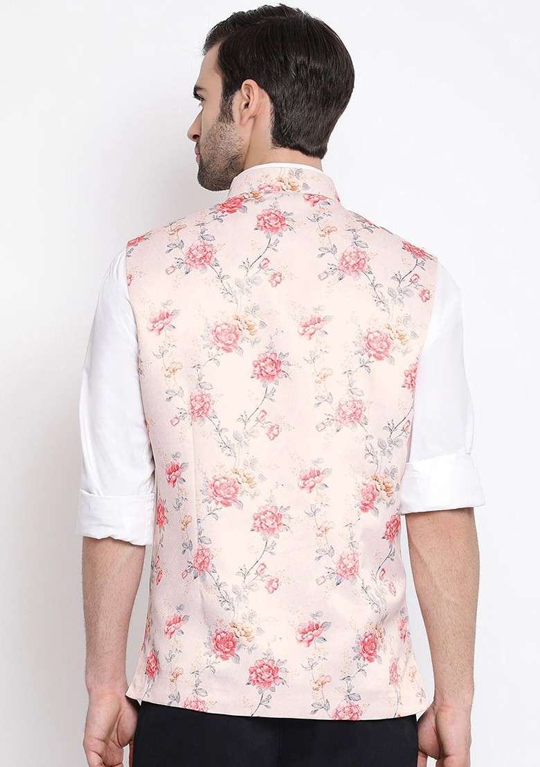 Peach Printed Poly Blend Nehru Jacket For Men - Indya