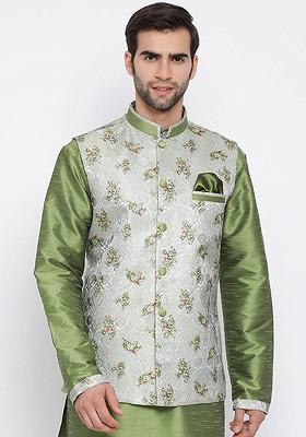 Grey Printed Poly Blend Nehru Jacket For Men