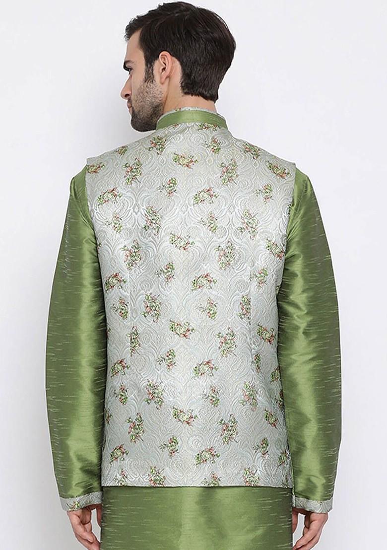 Grey Printed Poly Blend Nehru Jacket For Men
