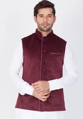 Maroon Printed Poly Blend Nehru Jacket For Men