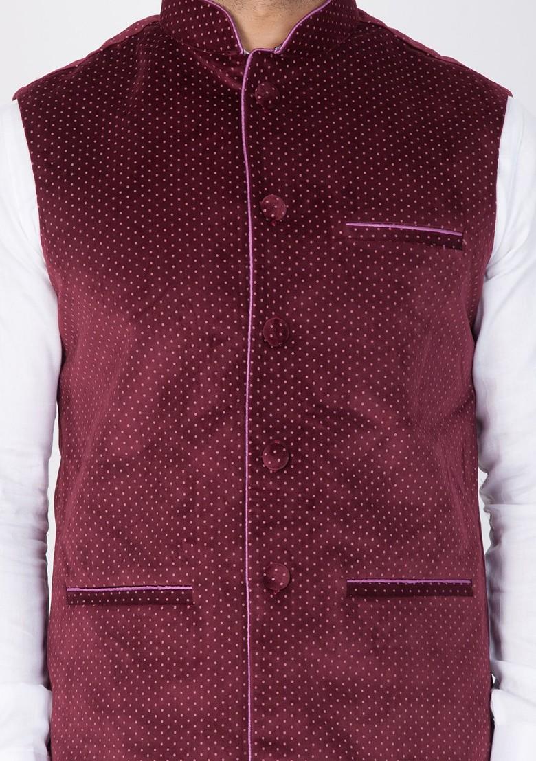 Maroon Printed Poly Blend Nehru Jacket For Men
