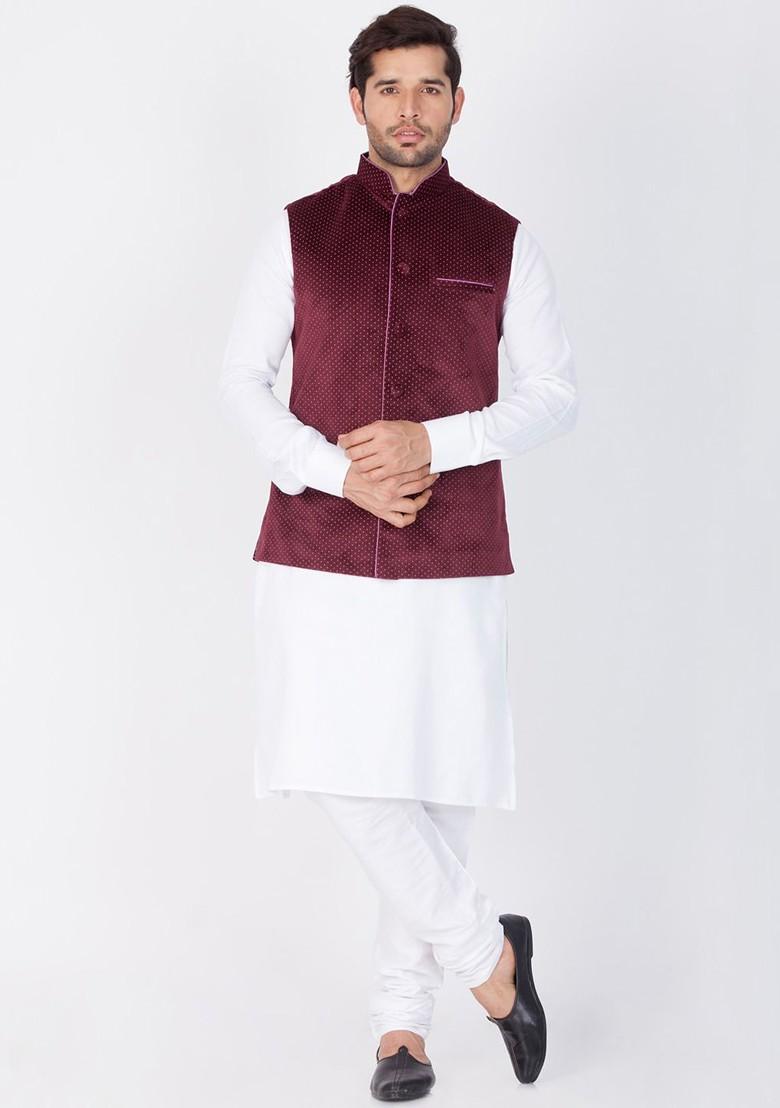 Maroon Printed Poly Blend Nehru Jacket For Men