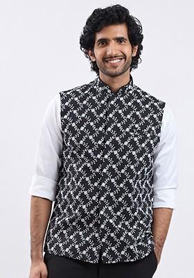 Black Embroidered Poly Blend Nehru Jacket For Men