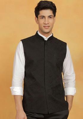 Black Embroidered Poly Blend Nehru Jacket For Men