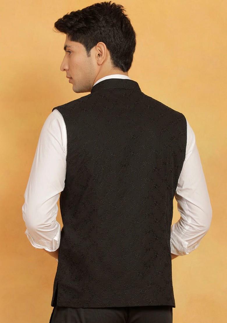 Black Embroidered Poly Blend Nehru Jacket For Men